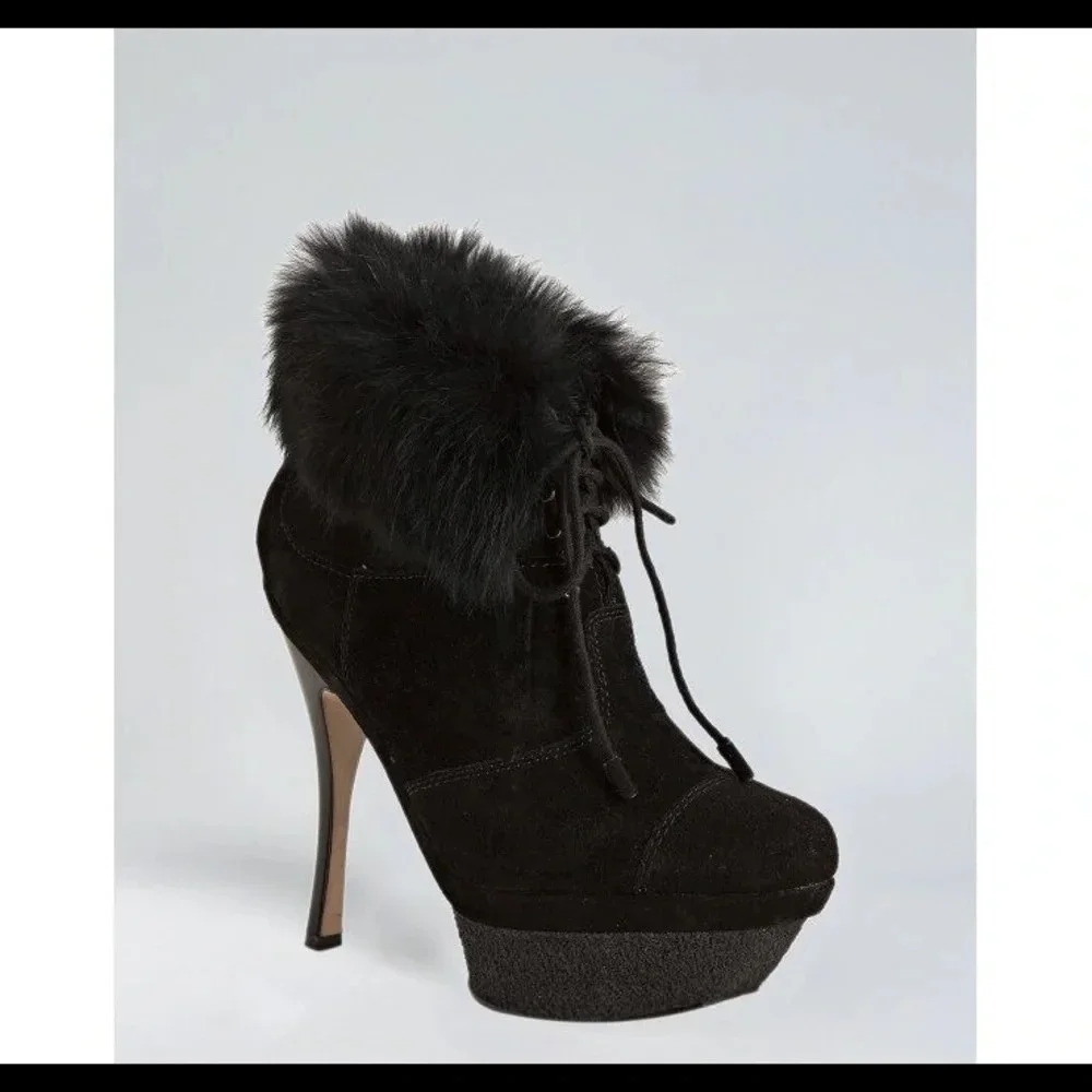 L.A.M.B black fur lace up booties Sz  9.5